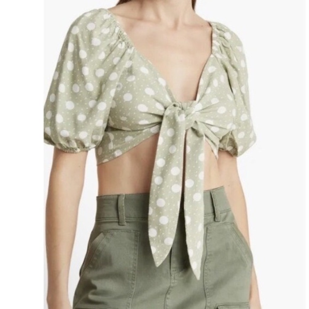 NWT Vero Moda Polka Dot Tie Front Puff Sleeve Crop Desert Sage Green Large